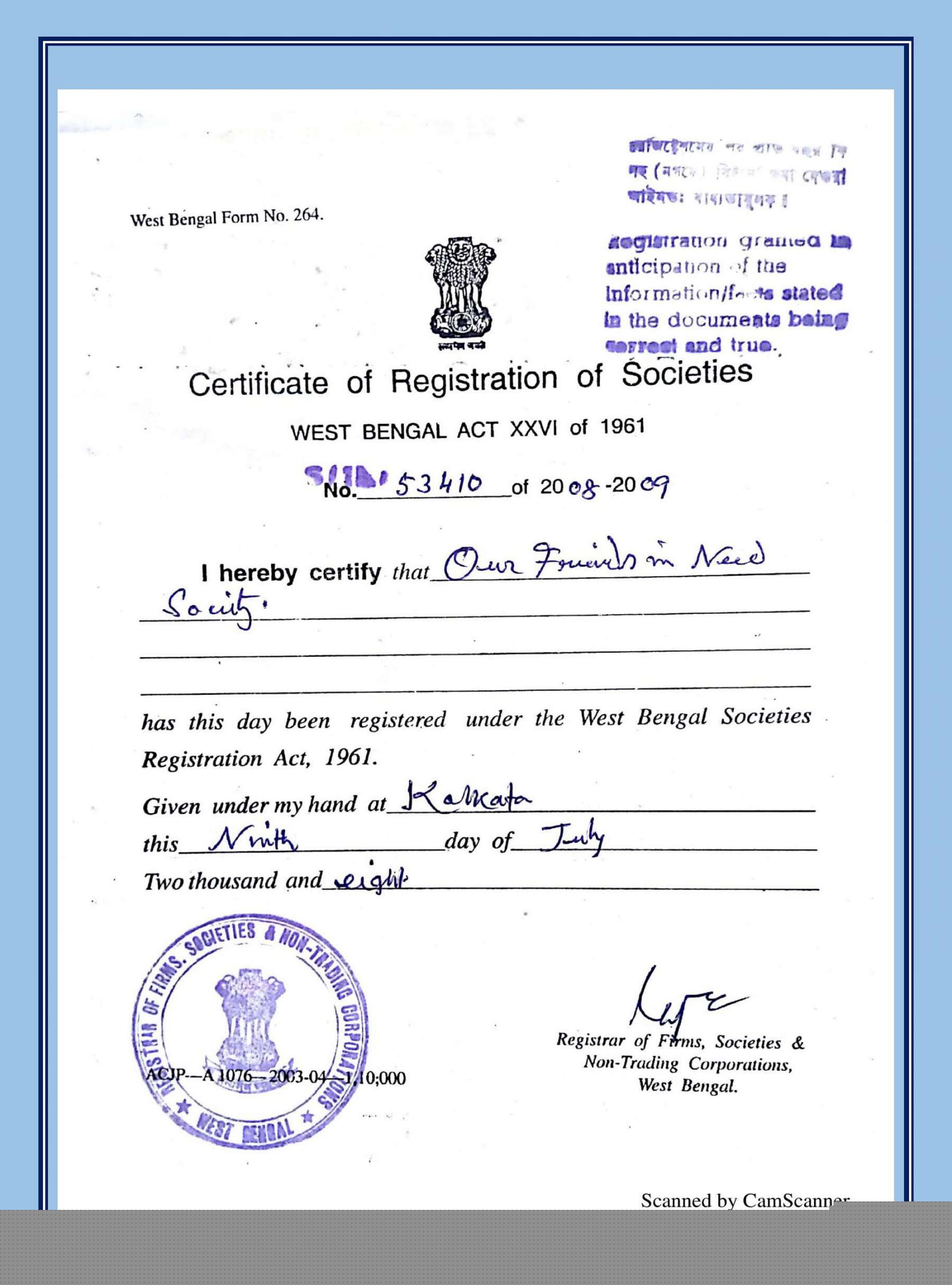 Society Registration Certificate